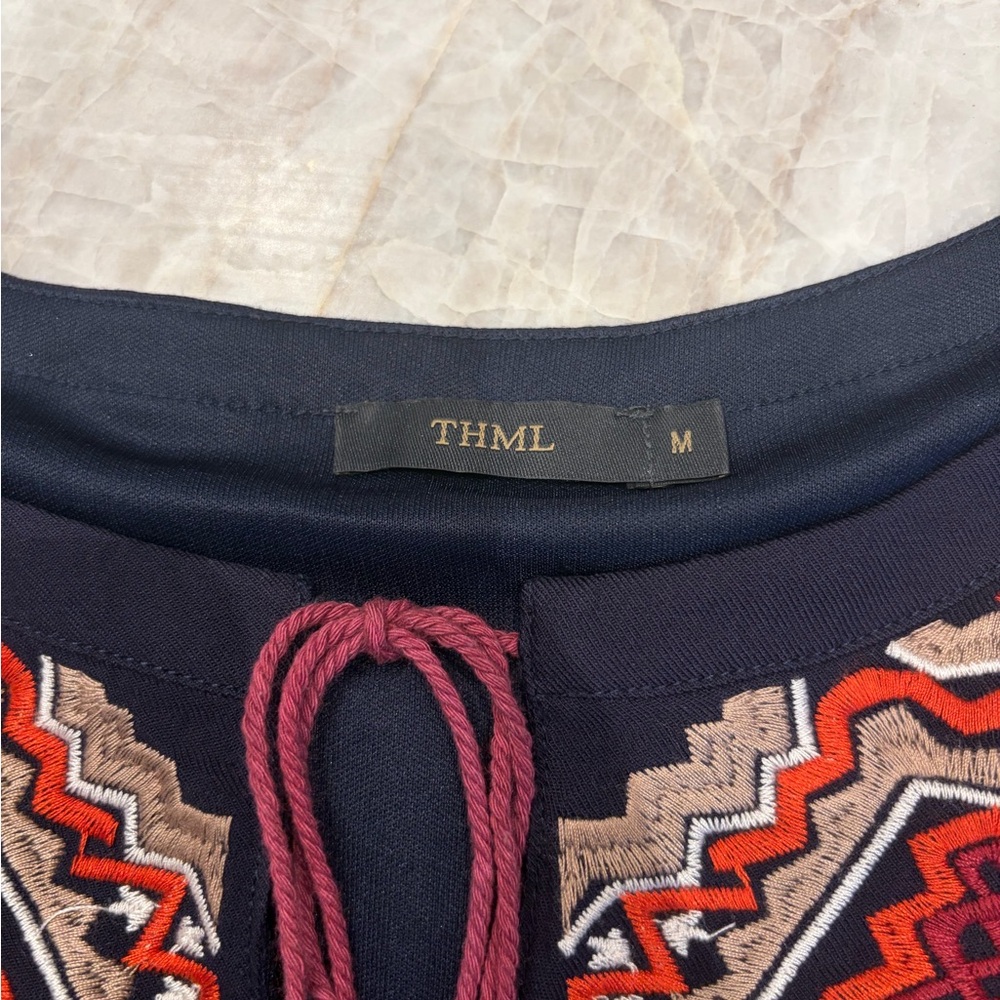 THML Embroidered Boho Tunic Dress Medium Navy Tassel Shift - Picture 3 of 3